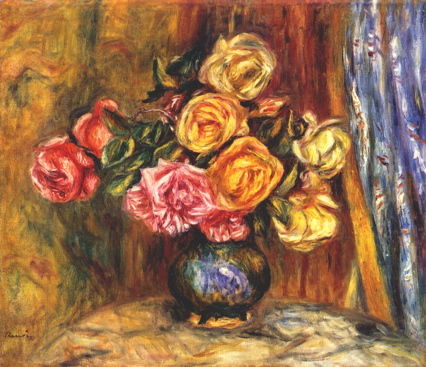 Roses in front of a blue curtain - Pierre-Auguste Renoir painting on canvas
